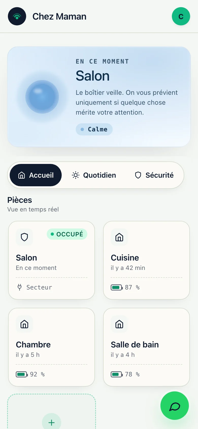 L’accueil de l’application, chez Maman : « En ce moment · Salon », calme.