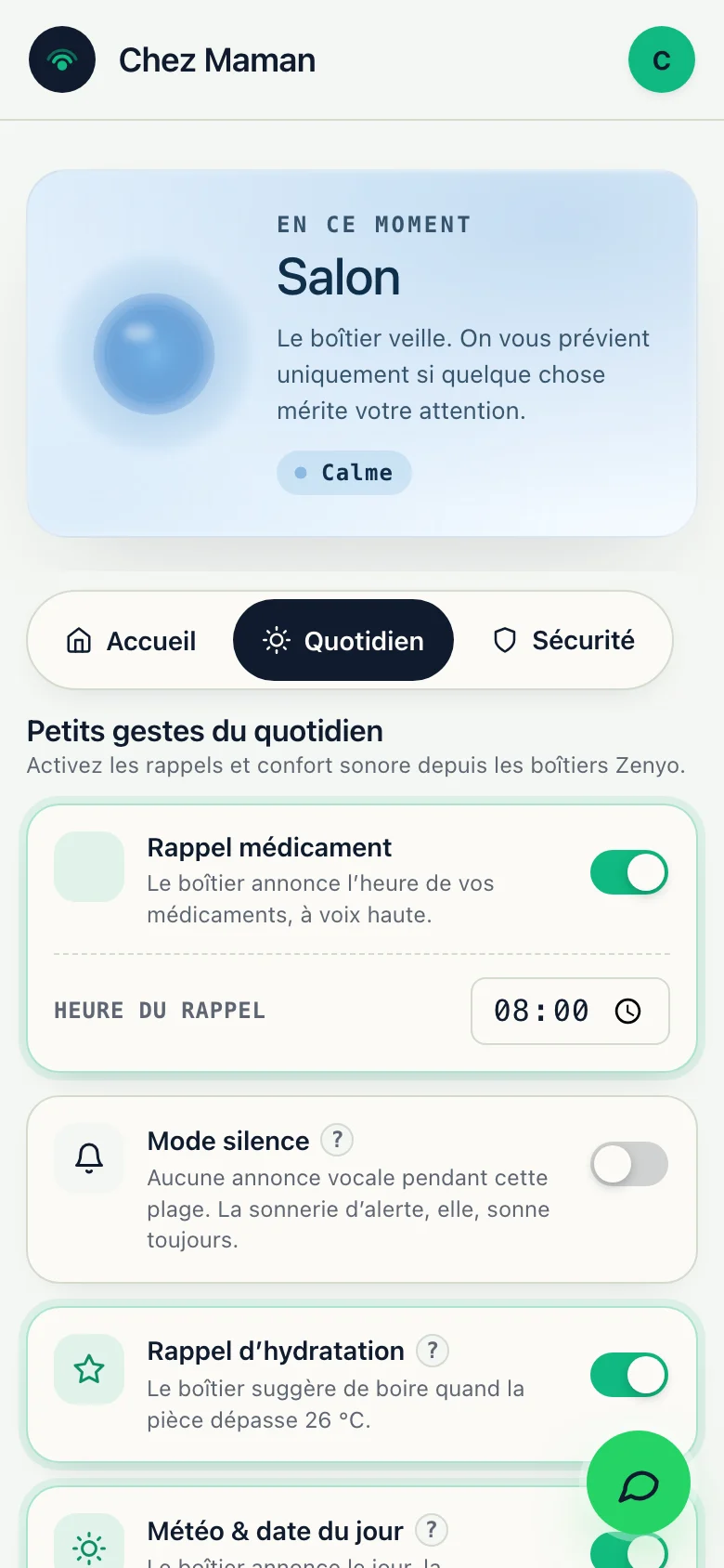 L’onglet Quotidien de l’application : rappel médicament à 8 h, mode silence, rappel d’hydratation.